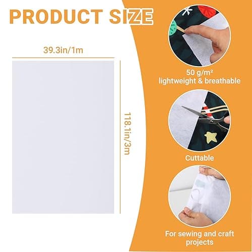 wenrescry Bügelvlies 300 x 100 cm – 50 g/m², leichtes zum Aufbügeln, weiß, für leichte und mittelschwere Stoffe, Nähen, DIY, Stickerei, Basteln, Volumenvlies, einfach zu verwenden thumbnail 3