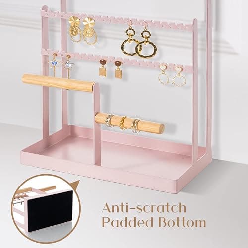 ProCase Jewelry Organizer Stand Necklace Organizer Earring Holder, 6 Tier Jewelry Stand Necklace Holder with 15 Hooks, Jewelry Tower Display Rack Storage Tree for Bracelets Earrings Rings -Pink thumbnail 6