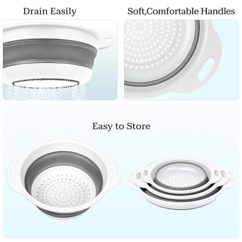 Cluren Collapsible Colander 3-Pack Set Space-Saving Foldable Kitchen Strainer with Non-Slip Base Durable Thickened PP+TPE Collapsible Strainers for Pasta, Vegetables, Fruits (Gray-White) thumbnail 4