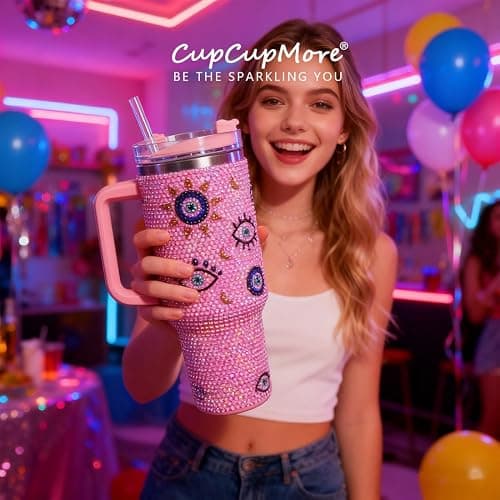 Cupcupmore 40 oz Pink Evil Eye Bling Rhinestone Stainless Steel Sippy Tumbler Glitter Vacuum Insulated Water Bottle with Straw & Lid &Handle,Sparkle Car Cup Holder,Keeps Cold 12 Hours Drinks,Coffee thumbnail 2