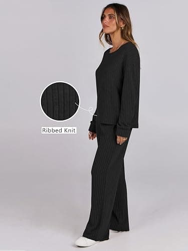 ANRABESS Women 2 Piece Lounge Pajamas Sets Casual Ribbed Knit Long Sleeve Top Pants Matching Set 2025 Fall Outfits Clothes thumbnail 4