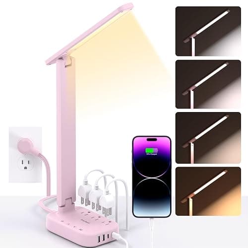 Dorm Room Essentials for Girls, Pink Power Strip with LED Desk Lamp, 3 Outlets 4 USB Ports, 4 Modes 5 Level Touch Lamp Small Desk Lamp for Home Office Bedroom Study Reading Light, 5ft Extension Cord - Image 1