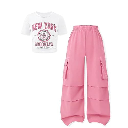 FJLSJSW Girls Clothes Teenage Girls 2 Piece Outfit Short Sleeve Top + Cargo Pants Outfits for Tweens,Sizes 7-16 Years - Image 1