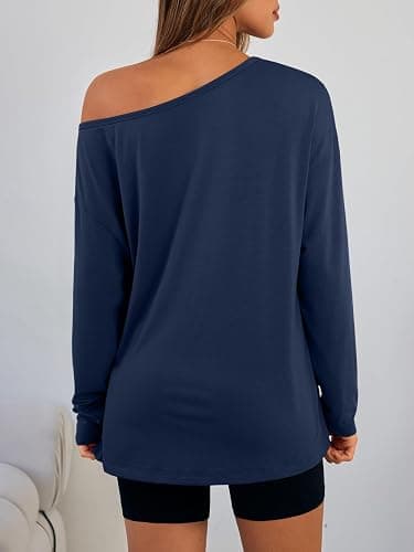 Trendy Queen Womens Off The Shoulder Tops Oversized Tshirts Long Sleeve 2025 Casual Basic Tees thumbnail 4