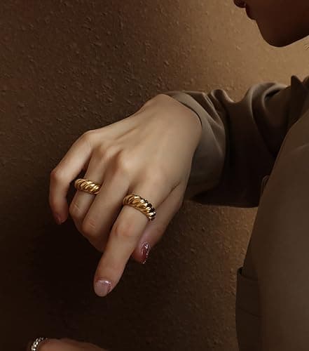 KOHOTA 6PCS Thick Dome Chunky Rings for Women 18K Gold Plated Braided Twisted Signet Ring Big Croissant Ring Minimalist Statement Ring Size 5-9 thumbnail 8