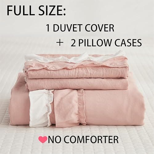 Koudi Pink Ruffled Duvet Cover Set Full Size Shabby Chic White Ruffle Fringe Comforter Cover Solid Color Vintage Farmhouse Bedding Set Soft Microfiber with Zipper Ties thumbnail 6
