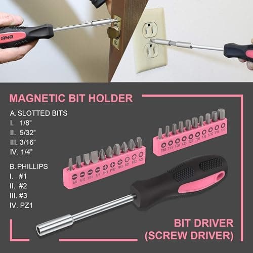 DNA MOTORING 39-Piece Household Tool Set General Repair Small Hand Tool Kit Storage Case for Home Garage Office College Dormitory Use, Pink, TOOLS-00009 thumbnail 2