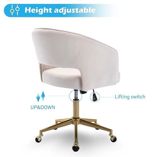 Home Office Chair Swivel Velvet Desk Chair Accent Armchair Upholstered Modern Tufted Chairs with Gold Base for Girls Women Ergonomic Study Seat Computer Task Stools for Living Room(Cream) thumbnail 4