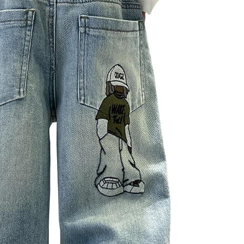 Nivne Tco Boys Baggy Jeans, Y2K Pants with Cartoon Embroidery - Fashion Loose Fit Casual Pants with Pockets for Kids. thumbnail 3