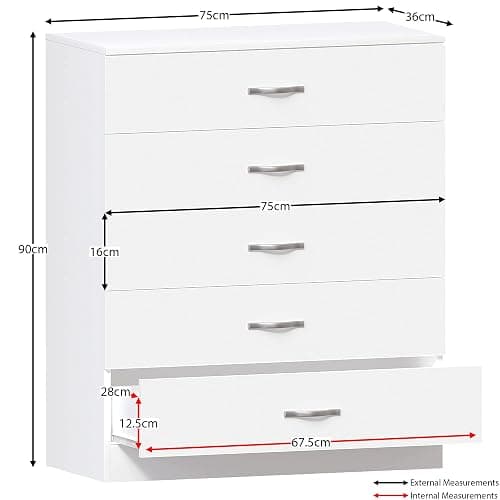 Vida Designs White Chest of Drawers, 5 Drawer With Metal Handles and Runners, Unique Anti-Bowing Drawer Support, Riano Bedroom Furniture - White - Single thumbnail 3