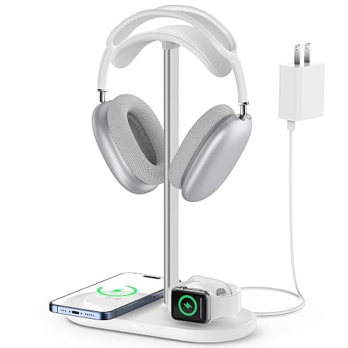 Universal Headphone Stand, Magnetic Wireless Charger for iPhones/AirPods/iWatch, Aluminum Alloy Rod, Leather Pad, ABS Solid Base, White - Image 1