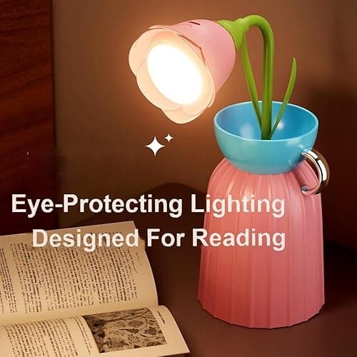 MARZIUS Rose Flower Desk Lamp - Infinite Dimming, Trichromatic Temperature, Rechargeable, Brightness Memory - Creative Decorative Ornaments with Adjustable Flowers (Purple) thumbnail 7