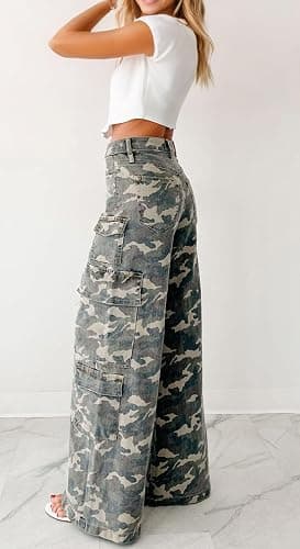 loveimgs Women Casual Camo Print Denim Pants Y2k Wide Leg Cargo Jeans Flare Distressed Camouflage Jeans Sweatpants Pockets thumbnail 4