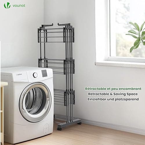VOUNOT® Séchoir à Linge Extensible Grande Capacité Tour de Séchage 3 Niveaux Pliable 40m d’Étendage Étendoir Vertical Multifonction pour Intérieur et Extérieur Noir thumbnail 6