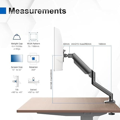 GRIFEMA GB2003-1, Support Ecran PC Moniteur de 13-32 Pouces, Bras Ecran PC VESA 75x75-100x100 MM, Rotation à 360°, Réglable en Hauteur, Charge Maximale de 9 KG, Noir thumbnail 2
