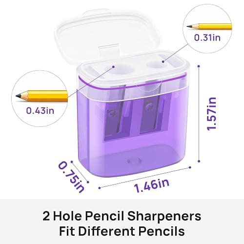 JEFURE Pencil Sharpeners 4Pcs, Manual Pencil Sharpener with Container, Dual Holes Sharpener with Lid for Kids, Students, Adults, School, Home and Office, Purple thumbnail 3