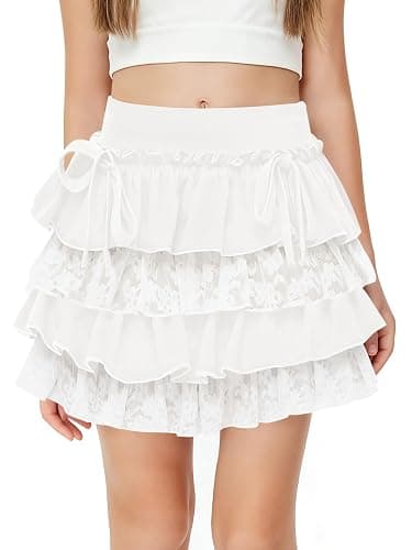 Girls Ruffle Tiered Mini Skirt Kids Cute Bowknot Lace Trim Lolita Skirts with Shorts 5-14 Years - Image 1