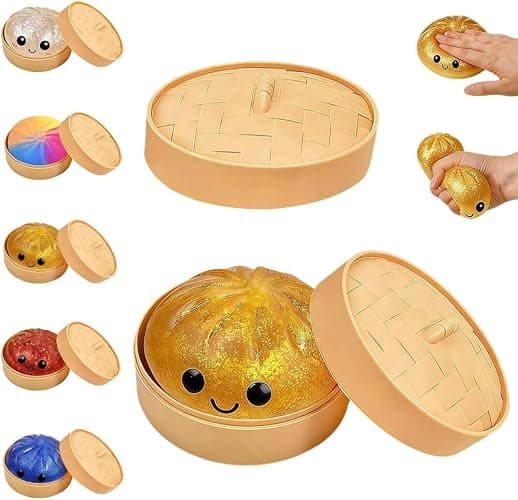Dumpling Squishy Mystery Box, Slow Rising Glitter Squishy Dumpling Toy, Anxiety Relief Fidget, Stocking Stuffers with Food Steamer Stretchy Desk Toys (Glitter Gold) - Image 1