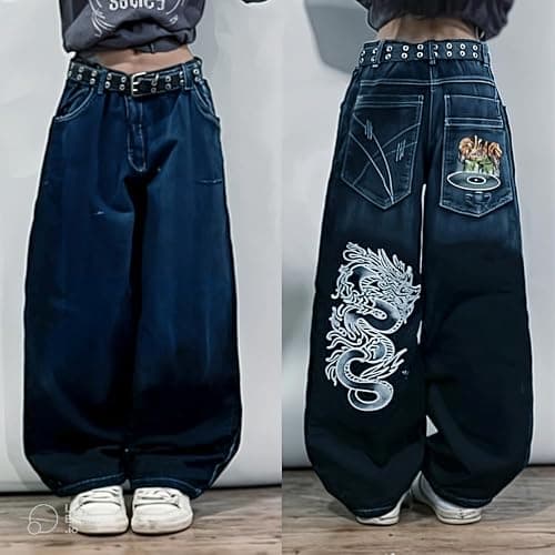 Unisex Y2K Hip Hop Street Jeans with Skeleton Print, Gothic Baggy Jeans, Vintage High Waist Denim, Wide Leg Pants thumbnail 2