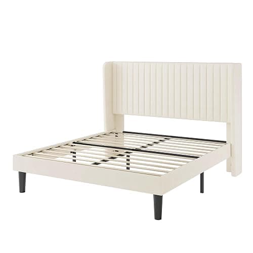SHA CERLIN Queen Size Velvet Bed Frame, Tufted Wingback Headboard, Cream | 47'' Modern Vertical Channel Headboard, Upholstered Platform Bed, Wood Slats, No Box Spring Needed, Easy Assembly, Noise Free thumbnail 8