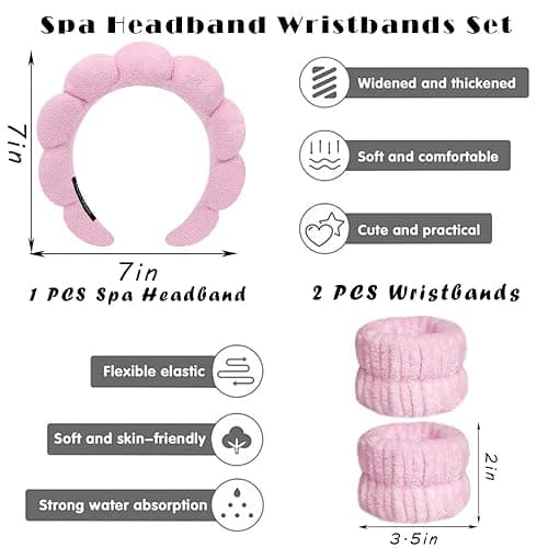 Tetizo Spa Headbands for Washing Face Wristband Set Sponge Makeup Skincare Headband Wrist Towels Bubble Soft Terry Towel Cloth Hairband for Women Puffy Headwear Non Slip Thick Hair Headwear (Pink) thumbnail 2