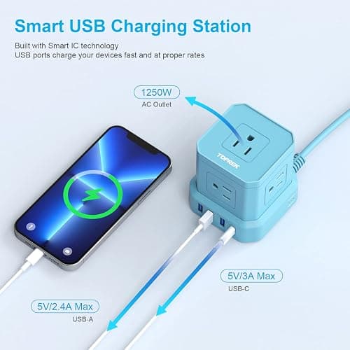 Power Strip with USB-C (3.0A), TOPREK Surge Protector (700J), TOPREK 10 FT Extension Cord with Flat Plug, 5 AC Outlets 4 USB, Desk Charging Station for Living Room, Nightstand, Office, Travel thumbnail 3