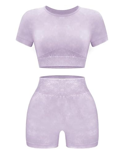 OLCHEE Womens Workout Sets 2 Piece - Seamless Acid Wash Yoga Outfits Shorts and Crop Top Matching Gym Athletic Clothing Set - Image 1