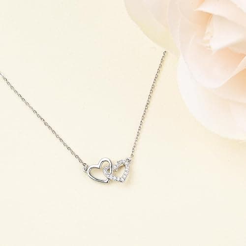 Desnuage Tiny Double Heart Necklace Small Sterling Silver Cubic Zirconia Cute Dainty Love Pendant Heart Necklace for Women thumbnail 5