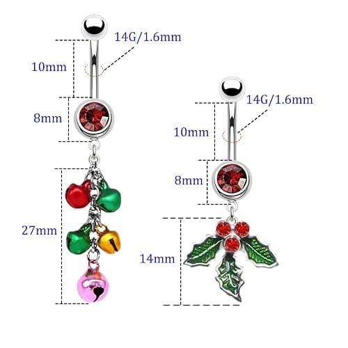 FLOGWE 316L 2 PCS Christmas Dangle Mistletoe Belly Button Rings 14G Stainless Steel Jingling Bell Navel Rings for Women Belly Piercing Jewelry thumbnail 2