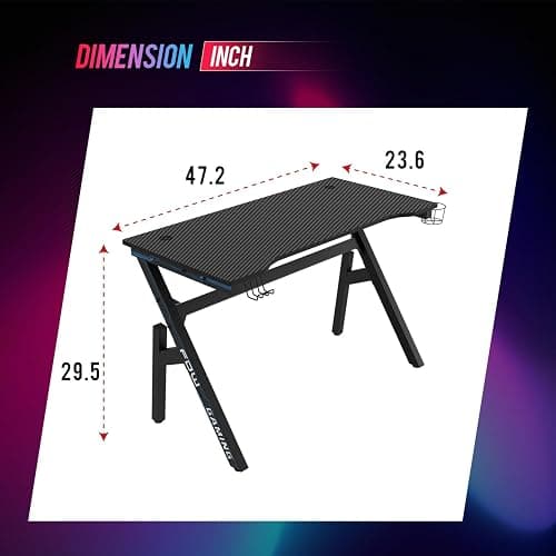 BestOffice | 47" Gaming Desk | Blue | Carbon Fiber Textured Computer Desk | Sturdy Steel Frame, Cup Holder, Headphone Hook, Cable Management Holes, Adjustable Leg Pads | for Gamers, Home, Office thumbnail 3