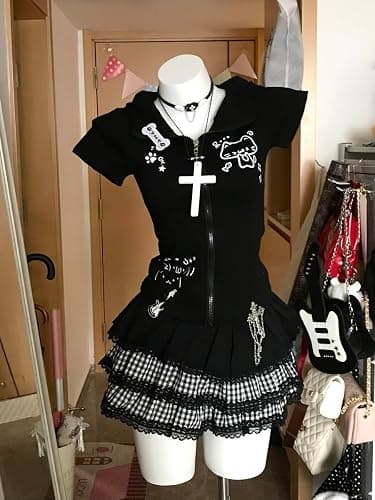 GOTHPICKUS Kawaii Y2K Cute Print Hoodies For Women Short Sleeves Cat Ears Hoodie Kawaii Zip Up Casual Slim Fit Outfits thumbnail 6