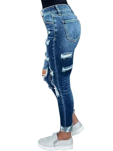 KUNMI Women's Ripped Mid Waisted Boyfriend Jeans Loose Fit Distressed Stretchy Denim Pants thumbnail 2