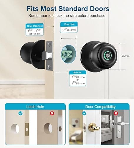 Fingerprint Door Lock, Smart Fingerprint Door Knob with Lock, Biometric Door knob with App Control & Key, Keyless Thumbprint Entry Door Lock for Bedroom, Front Door, Home, Apartment Office-Matte Black thumbnail 5