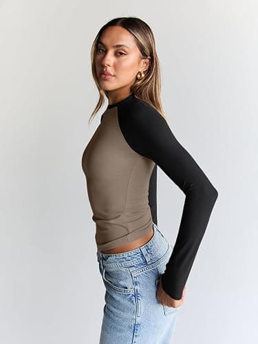 Trendy Queen Women's Long Sleeve Shirts Slim Fit Stretchy Color Block Slightly Cropped Tops thumbnail 3