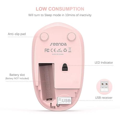 seenda Wireless Mouse, 2.4G Noiseless Mouse with USB Receiver Portable Computer Mice for PC, Tablet, Laptop, Notebook - Pink & White thumbnail 3