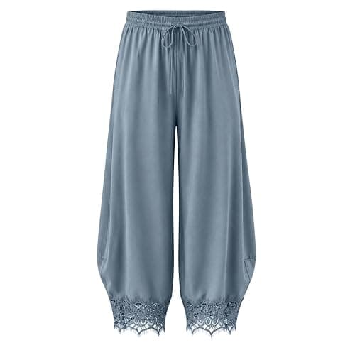 Womens Cropped Lace Trim Pants High Waisted Elastic Drawstring Wide Leg Trousers Casual Flowy Boho Pant with Pockets thumbnail 5