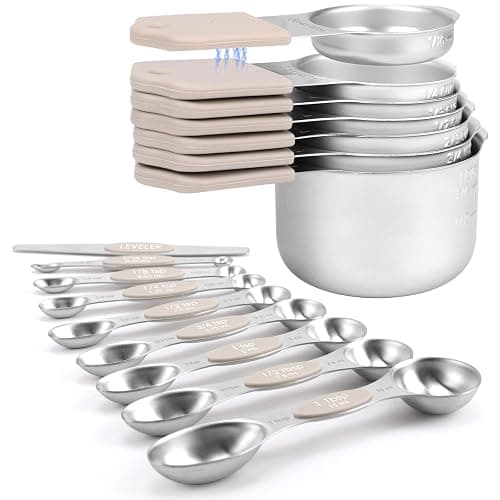 Magnetic Measuring Cups and Spoons Set-Heavy Duty 304 Stainless Steel | Double Measurement Markings,BPA-Free,Set of 16 with Leveler for Measuring Dry and Liquid Ingredients(Khaki) - Image 1