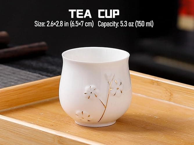 REOWONU Japanese Tea Set, White Porcelain tea set with 1 Teapot(23 oz/660ml), 6 Tea cups(5.3 oz/150ml), 1 Tea Tray, Golden plum blossom relief, Asian tea sets for adults (Golden plum-White) thumbnail 10