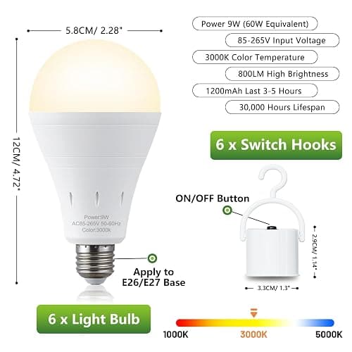 DEBAOBULB 10 Pack Rechargeable Emergency Light Bulbs, Battery Powered Energy Efficient LED Light Bulb 3000K Warm E26 120 Volt 9W 60W Equivalent with 1200mAh for Home Power Outage Camping Hurricane thumbnail 9