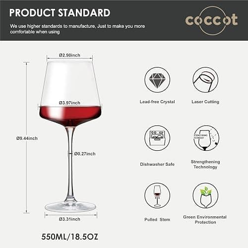 coccot Wine Glasses Set of 6,Crystal White Wine Glasses,Red Wine Glass Set, Wine Glasses Long stem,Clear Lead-Free Premium Blown Glassware (18.5oz,6 pack) thumbnail 2