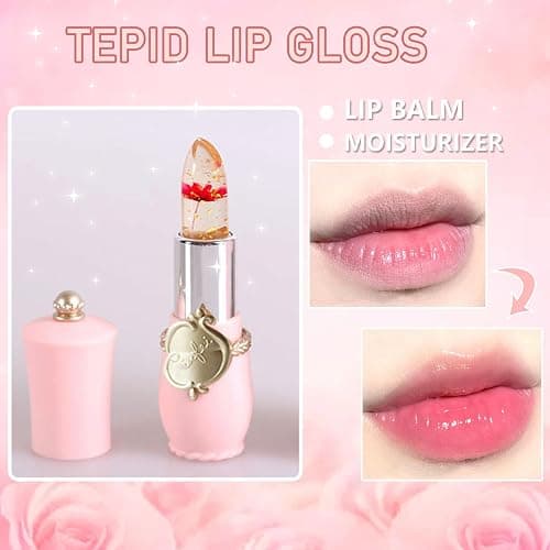 firstfly Pack of 6 Crystal Flower Jelly Lipstick, Long Lasting Nutritious Lip Balm Lips Moisturizer Magic Temperature Color Change Lip Gloss (Pink) thumbnail 7