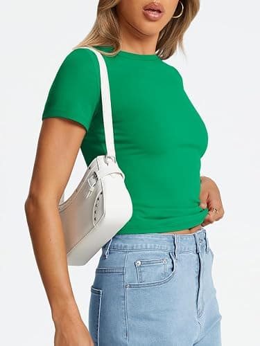 Trendy Queen Womens Basic T Shirts Summer Tops 2025 Crop Short Sleeve Slim Fit Tee Cute Gym Workout Clothes thumbnail 3