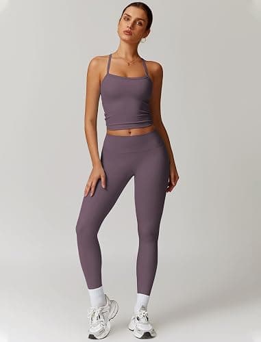QBGJTD Womens Workout Sets Two Piece Cross Back Tank Top Matching High Waist Leggings Sets Gym Outfits Work Out Clothes thumbnail 5