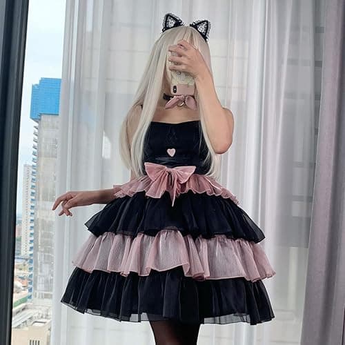 ZZEQYG Womens Lolita Dress for Girl Gothic pink puff sleeve dress with Bow - Medium - Blackpink-jsk thumbnail 4
