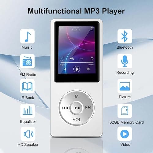 MP3 Player with Bluetooth 5.0, 1.8 inch Screen Portable Music Player with HD Speaker, HiFi Music Supports FM Radio, Voice Recorder, Supports Expanded Up to 128GB(White, 32GB) thumbnail 4