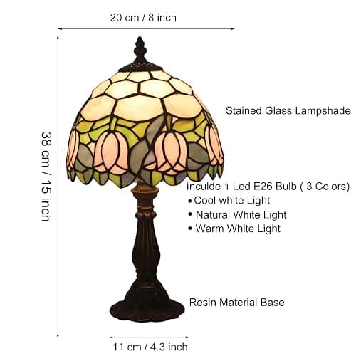 tuomoxte Tiffany Style Table Lamp, Pink Tulip Stained Glass Lamp, 8 Inch Small Antique Lamp, for Bedside Nightstand Bedroom Living Room Home Office, Include LED Bulb thumbnail 7