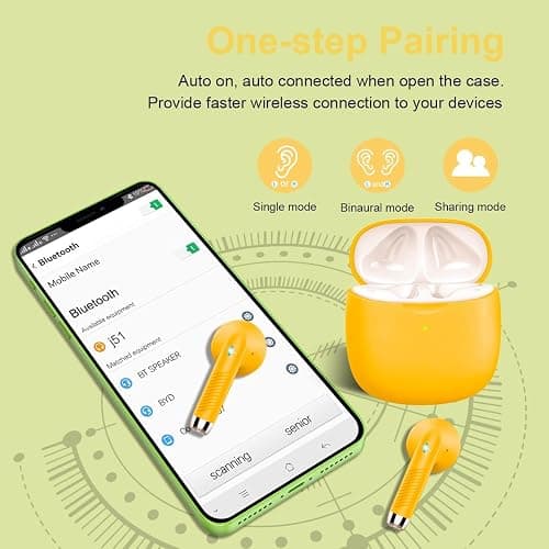 Wireless Earbuds, Bluetooth 5.4 Earbuds Stereo Bass, Bluetooth Headphones in Ear Noise Cancelling Mic, Earphones IP7 Waterproof Sports, 32H Playtime USB C Charging Case Yellow Ear Buds for Android iOS thumbnail 5
