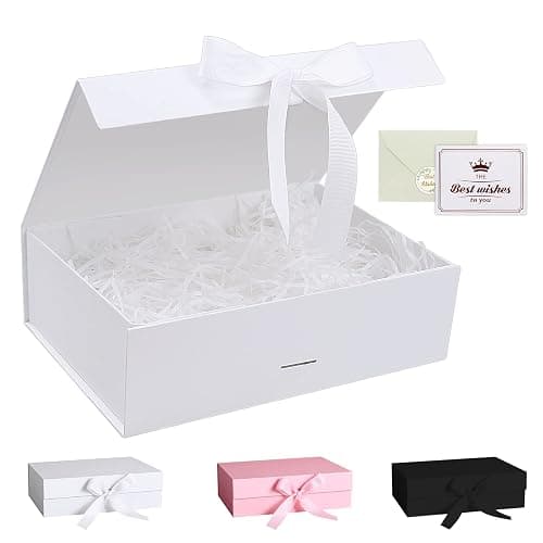 Gift Box, Luxury Magnetic Gift Box with Lid Ribbon Greeting Card Shredded Paper, Gift Packaging Box for Present Birthday Wedding Anniversary Festival (23×17×7cm, White) - Image 1