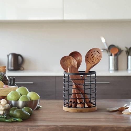 WDT Tool Utensil holder for Kitchen Counter - 5.2" x 5.2" x 6" Large Round with Wooden Base Matte Black Cooking Utensil Holder Utensil Organizer (Metal+Bamboo) thumbnail 5