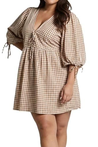 PINUPART Women's Gingham Puff Sleeve Tie Front Babydoll Mini Dress thumbnail 7